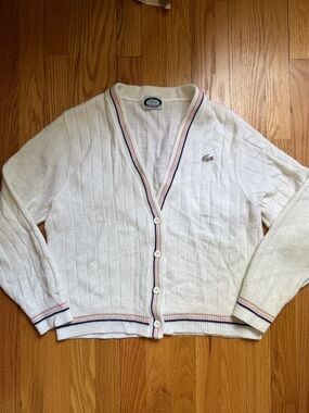 Vintage Lacoste White V‑Neck Cardigan with Navy and Pink Stripe Trim 70s Rare